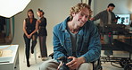 Lighting, photography and talking with model pov on set for fashion magazine or style photoshoot. Camera, direction or production with happy photographer man behind the scenes for catalog casting