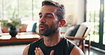 Breathing, mindfulness and yoga with man in living room of home for balance or inner peace. Fitness, meditation and namaste with calm person in apartment for awareness or mental health exercise
