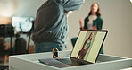 Fashion, laptop screen and photography with people backstage for photo shoot or production. Behind the scenes, computer or display with model and photographer in studio for magazine or media