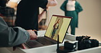 Hands, laptop screen and photography with people in studio for photoshoot or production. Behind the scenes, computer or display with model and photographer in backstage session for multimedia editing