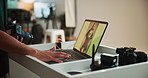 Hands, laptop screen and photographer with model in studio for photo shoot or production. Behind the scenes, computer or display with editor in photography session for magazine or multimedia