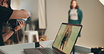 Laptop screen, photography and production with people in studio for backstage photo shoot. Behind the scenes, computer or fashion with model and photographer in session for magazine or media