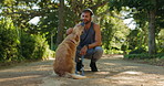 Music, running and walking dog with man in park together for bonding, exercise or wellness. Fitness, obedience or training with athlete and pet labrador outdoor in nature for cardio or workout