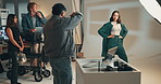 Fashion, photographer and model with people in studio for ecommerce catalog, production and camera. Creative project, photoshoot and backstage with men and women on set for filming a brand campaign