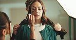 Fashion, makeup artist and women on set, model and preparing for photoshoot, stylist and cosmetics. Production, studio and makeover for girl with brush, behind the scenes and people with equipment