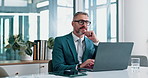 Laptop, thinking and mature with business man in office for review, company report or newsletter. Client records, idea and accountant with employee in agency for planning, admin and project solution