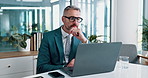 Laptop, research and thinking with business man in office for financial records, accounting report and idea. Company admin, stakeholder solution and vision with mature employee for planning project