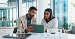 Collaboration, meeting and tablet with business people in boardroom together for planning or research. Administration, documents or technology with man and woman employee in office for teamwork