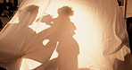 Tent, home and shadow with father, playing and games with weekend break, love and happiness. Parent, apartment and child in living room, toys and bonding together with dad, storytelling and relax