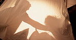 Tent, father and shadow with family, playing and games with weekend break, cheerful and relax. Parent, apartment and child in living room, toys and bonding together with storytelling or home with dad