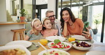 Parents, selfie and children at lunch in home with smile, memory and funny face with care, love and bonding. People, dad and mom with kids, happy and photography for profile picture at family house