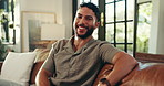 Home, couch and face of man for relax, comfortable and self care for mental health in living room. House, male person and portrait on sofa for chilling, resting and happiness with peace in lounge