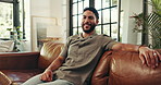 Home, sofa and face of man for relax, comfortable and self care for mental health in living room. House, male person and portrait on couch for chilling, resting and happiness with peace in lounge