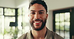 Relax, happy and face of man in home for positive mindset, confidence and chill. New house, pride and portrait of person in living room with smile for property, real estate and apartment on weekend