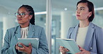 Business women, collage and thinking with tablet for decision, choice or corporate idea at office. Female people, employees or contemplating with technology for company plan, app or development