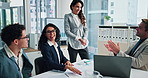 Business, finance and people with applause in presentation for financial insight, recognition and sales growth. Data screen, team or speaker celebration for performance results or company achievement