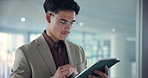 Businessman, hands and browsing with tablet for social media, communication or online network at office. Male person, data analyst or scrolling on technology in sequence for corporate analysis or app