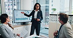 Business people, team presentation and screen with data, financial stats or planning investment in office. Manager, collaboration and charts for sales revenue, profit discussion or strategy paperwork