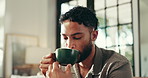 Home, sofa and man with coffee to drink, espresso and comfortable on weekend in living room. House, male person and aroma in morning for hot cappuccino, beverage and relax with caffeine on couch