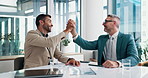 Happy, businessmen and meeting with high five for success, teamwork or business deal at office desk. Male people, colleagues or excited coworkers with smile for b2b, partnership or collaboration