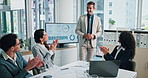 Happy, businessman or meeting with team or applause for performance, profit or statistics at office. Male person, analytics or employees clapping with smile for market growth or increase at workplace