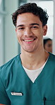 Face, medical nurse and man in hospital for service, medicine and wellness doctor. Healthcare professional, happy intern and portrait of worker, employee or physician coworking with pride in clinic