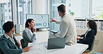 Tablet, business man and speaker in meeting for corporate presentation, investment stats and workshop. Planning, solution and data report with people in office for revenue profit, discussion and team