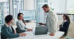 Tablet, business man and presentation in meeting for corporate speaker, investment stats and workshop. Planning, solution and data report with people in office for revenue profit, discussion and team