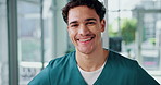 Face, nurse and happy man in hospital for healthcare service, medicine and wellness doctor. Medical professional, intern and portrait of worker, employee or physician with pride in clinic in Morocco