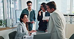 Business people, group or discussion with manager on laptop for financial stats or planning investment. Meeting, collaboration or charts for sales revenue, brainstorming profit or paperwork in office