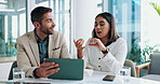 Collaboration, conversation and tablet with business people in boardroom together for planning or research. Administration, meeting or technology with man and woman employee in office for teamwork