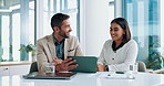 Administration, meeting and tablet with business people in boardroom together for planning or research. Collaboration, documents or technology with man and woman employee in office for teamwork
