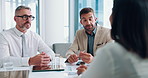 Business, people and talking with documents for interview, recruitment process and financial vacancy. Staff, candidate and faq with finance paperwork, human resources and feedback for job opportunity
