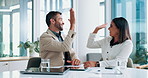 Happy, business people and meeting with high five for success, teamwork or business deal at office desk. Businessman, woman or colleagues with smile for b2b, partnership or agreement at workplace