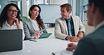 Business people, group and discussion with manager in meeting, planning investment or financial growth. Brainstorming, smile or cooperation with tablet in office for question, pitch ideas or analysis