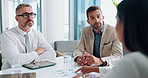 Business, men and meeting with documents for interview, recruitment process and financial vacancy. People, candidate and talking for finance paperwork, human resources and feedback of job opportunity