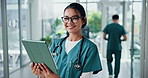 Face, nurse and happy woman with tablet for medical service, telehealth or wellness. Healthcare professional, technology or portrait of worker with glasses, coworking or check report online in clinic