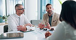 Business people, meeting and interview with documents for job opportunity, ideas or proposal at office. Group, employers or candidate with paperwork for hiring, recruiting or application at workplace