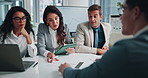 Team, advisor and workshop with business people in meeting for admin, investment stats and analysis. Feedback, partnership and data report with employees in office for revenue profit and planning