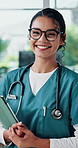 Face, healthcare nurse and happy woman with tablet in hospital for service, telehealth or wellness. Medical professional, technology or portrait of intern with glasses, worker or physician in clinic