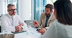 Business, people and meeting with documents for interview, recruitment process and financial vacancy. Staff, candidate and talk with finance paperwork, human resources and feedback of job opportunity