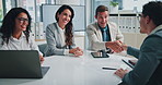 Business people, sign and document with handshake in boardroom, welcome and job opportunity at company. Men, women and shaking hands for deal, b2b and collaboration with paperwork at insurance agency
