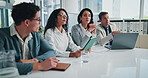 Planning, advisor and workshop with business people in meeting for admin, investment stats and analysis. Feedback, partnership and data report with employees in office for revenue profit and team