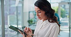 Healthcare, woman and doctor with tablet or research, diagnosis information and report for typing. Clinic, female person and medical consultant with thinking for digital review, telehealth and career