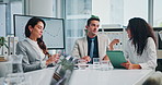 Team, advisor and discussion with business people in meeting for admin, investment stats and analysis. Feedback, partnership and data report with employees in office for revenue profit and planning