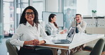 Face, laptop and happy business woman in office, talent acquisition specialist and glasses. Portrait, hr worker and recruitment expert, hiring opportunity or laugh for coworking in corporate meeting