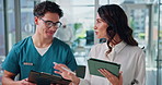 Tablet, hospital and nurse with woman for discussion for administration, advice and meeting. Healthcare, team and medicine sales rep with man on tech for research, online diagnosis or medical service