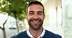 Business man, face and happy on road for commute, travel and outdoor with confidence in city. Professional person, smile and pride in portrait on urban sidewalk for career, job and excited in France