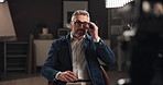 Filming, broadcast and live streaming with man in studio for social media, content creation and vlog. Subscription channel, virtual interview and viral with mature person and recording for influencer