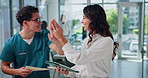 Healthcare, nurse and woman with tablet, hospital and administrator with tech for schedule or smile. Celebration, medical professional and people with collaboration in clinic, happy and info on app